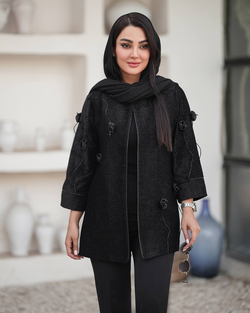 مانتو مشکی گل برجسته مجلسی