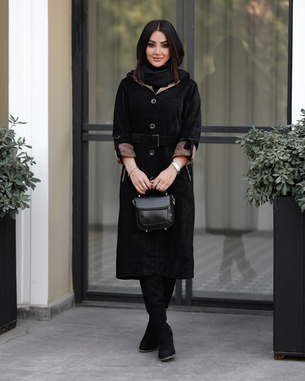 مانتو بارانی کلاهدار مخمل دالاس