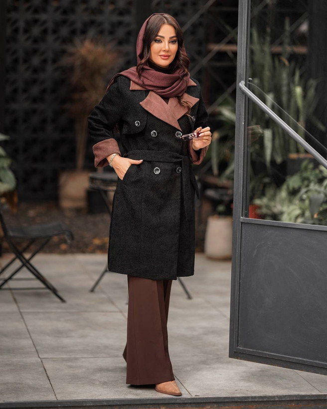 مانتو مخمل یقه انگلیسی کمر دار